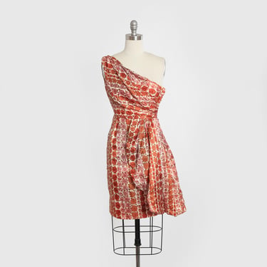 50s Pink floral silk one shoulder dress 