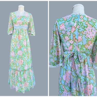 PEGGY BARKER Vintage 70s Dress | 1970s Ruffled, Prairie, Lace Maxi Dress | Gunne Sax Inspired | Boho Hippie Granny | Size Small 
