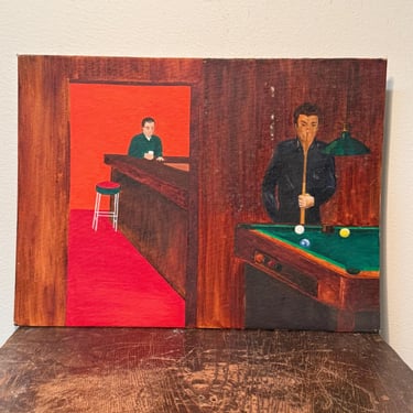 1960s Lynchian Mood Painting of Bar and Pool Game - David Lynch Aestetic Paintings - Oil on Board Artwork - Billiards Artwork - Wisconsin 