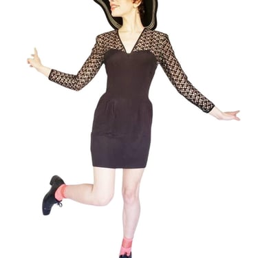 Vintage 1980s Black Party Dress Crochet Lace Nude Illusion Long Sleeved Kathryn Dianos Zip Front 