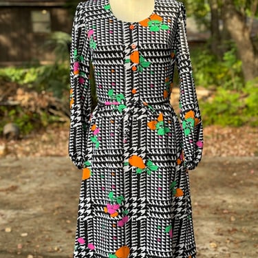 Vintage 60s Mod Knit Mini Dress: Lampl Pop-Art Geometric Print, Size Small 