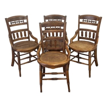 Late 19th Century Victorian Solid Walnut Cane Seat Dining Chairs 