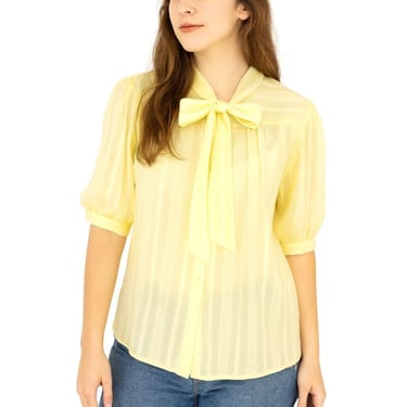 Vintage Miss Fashionality Puff Sleeve Blouse, Semi-Sheer Butter Yellow Prairie Top, 1970s 