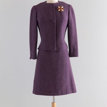 Fabulous 1960's Purple Wool Tweed Dress and Jacket Set With Floral Brocade Lining / M
