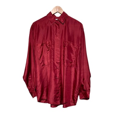 90s Silk Shirt Burgundy Vintage Silk Blouse Oversized Long Sleeve Collared Shirt Boxy Pocket Front Oxford Button Down Red  Merlot Top 