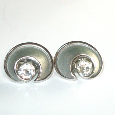Vintage Crown Trifari Clip on Earrings Silver Tone Crescent & Large Faceted Rhinestone 