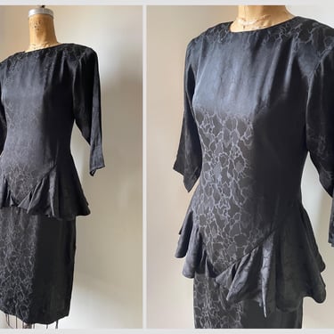 Vintage ‘80s ‘90s Cadaz black jacquard silk peplum dress | 100% silk dress, made in Hong Kong, 6 