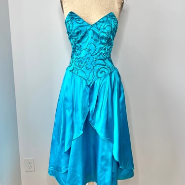 Vintage 1980s Gunne Sax Bright Blue Strapless Low Back Prom Dress 