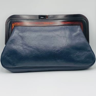 Vintage Margolm leather lucite clasp clutch purse in deep navy tortoise shell brown frame 