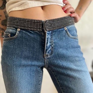 Y2K Jeans / Low Waist Tight Stretchy Bootcut Flare Denim / Rhinestone Waist 