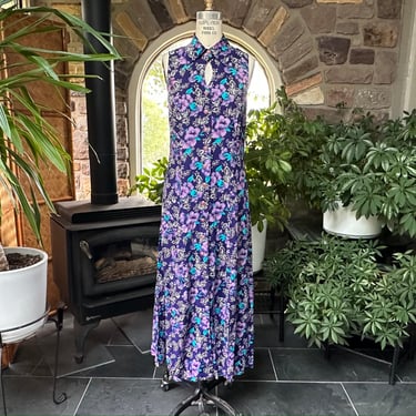 Vintage 1990s Purple Floral Rayon Back Corset Style Midi Dress Bentley, Vintage Nineties Fashion 