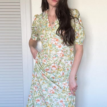 70s Floral Maxi Dress (M) medium green orange 