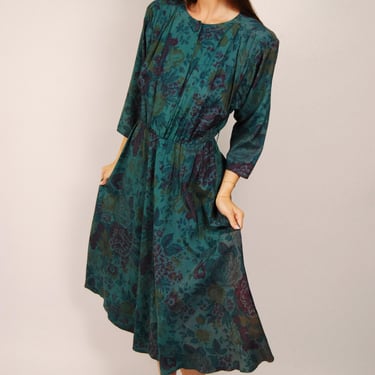 80s Blouson Dress (M) medium green blue vintage maxi 