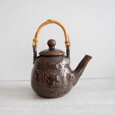 thrown pottery teapot, vintage pottery teapot, vintage thrown pottery teapot, vintage brown pottery teapot, vintage floral teapot, bamboo 