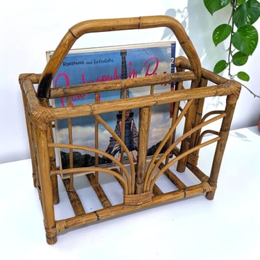 Vintage Magazine Rack Retro 1960s Bohemian + Bent Bamboo Frame + Tan + Handled + 2 Sections + Book or Vinyl Record Storage + Boho Home Decor 