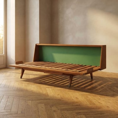 Mid-Century Wooden Folding Sofa Bed Frame, Extendable Daybed, Czechoslovakia, 190 × 151 × 77 cm 