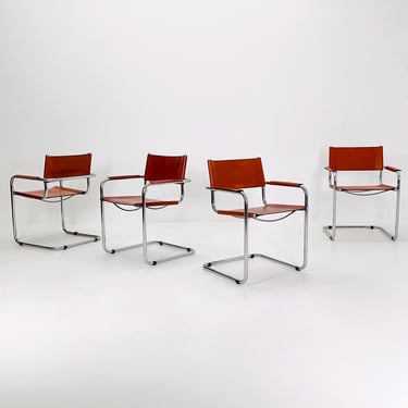 Set of 4 Mid century Model S34 Cognac Leather armchairs by Mart Stam & Marcel Breuer 1980s Italy 