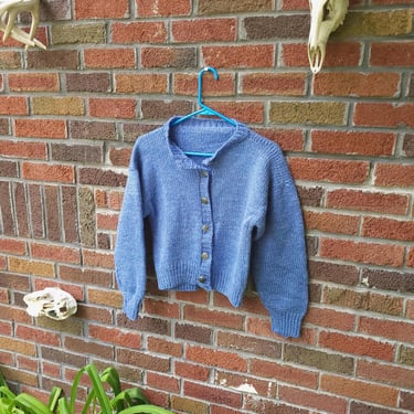 Vintage Knit Wool Acrylic Blue Cropped Small Cardigan Sweater / Chunky / S 