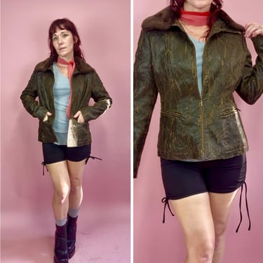 90s Distressed Vegan Leather Jacket Faux Fur Collar Post Apocalyptic Moto Coat M 