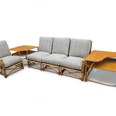 New - Mid Century Modern Coastal Bamboo 4 Piece Modular Sectional Sofa Newly Reupholstered with Two Tier Bamboo Side Tables by Heywood Wakefield