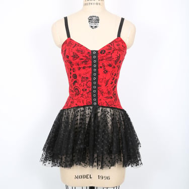 Betsy Johnson Orange Black Top with Lace Peplum fun Novelty Print Skulls, Butterflies, Bugs, Insects, Spiders Streetwear Grunge Gothic 
