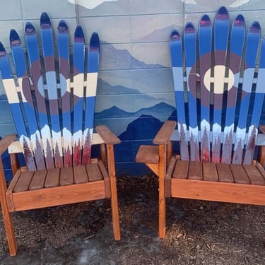 Set of Two - Colorado Mountain Mural Adirondack Ski Chairs - made with original skis-Save when you buy a set, AVS Color Scheme, Patio Chairs 