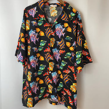 Vintage Hawaiian Shirt Aloha Aquarium Print Coral Reef Fish 1980s kitsch 2XL 