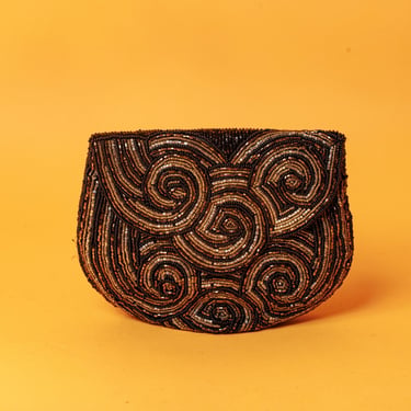 70s Black Gold Beaded Swirl Bead Disco Purse Vintage 1970s Evening Patterned Flap Clutch Party Bag 
