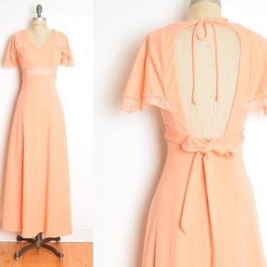 vintage 70s maxi dress peach backless cottagecore flutter hippie boho long S 
