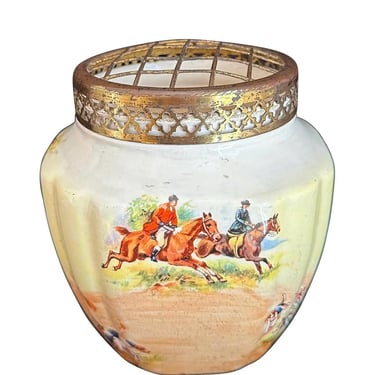 Vintage English Fox Hinting Ceramic Tobacco Jar Humidor 