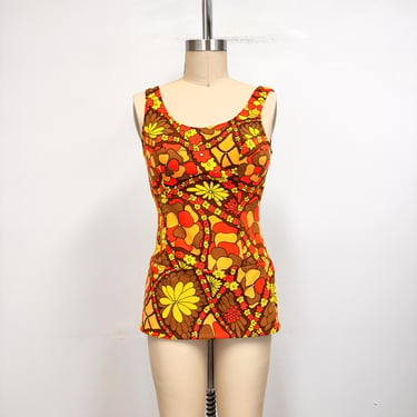 Vintage 60s Bathing Suit | Orange and Yellow Floral One Piece with Skirt | Size Small 