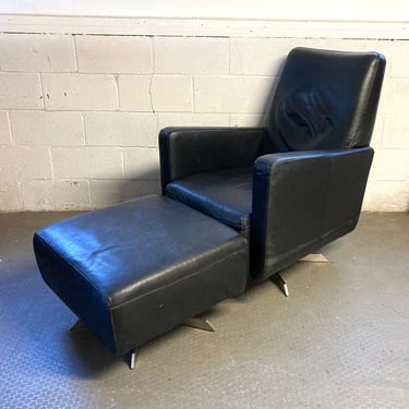 Vintage Mid Century Italian Leather Black Lounge Chair with Ottoman 