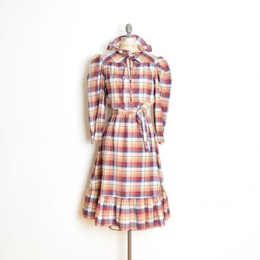 vintage 70s dress cottagecore plaid ruffle prairie secretary midi Victorian M L 