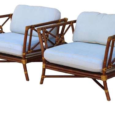 Authentic Pair Of McGuire Organic Modern Target Back Rattan Lounge Armchairs 
