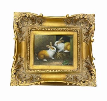 Signed original traditional-style oil painting of 2 rabbits,16.75H 18.5W