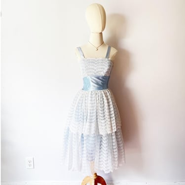 SIZE XS Vintage Cupcake Dress Blue White Lace Tiered 1950s Prom HoCo Boning 