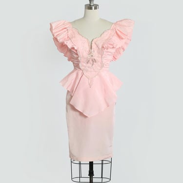 Vintage 1980s Climax Karen Okada beaded Pink satin peplum dress 