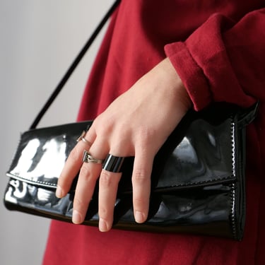 Vintage 80s Black Lacquered Clutch: Minimalist Crossbody Bag 
