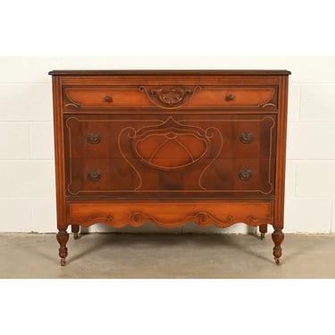 Berkey & Gay Style Antique Art Deco Carved Walnut Three-Drawer Dresser or Chest of Drawers, Circa 1930s