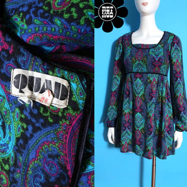 Stunning Iconic Collectors' Item Vintage Late 60s/Early 70s Blue Purple Green Paisley Renaissance Style Mini Dress by Quad 