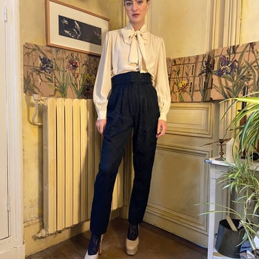 1970s Philippe Salvet Saint Tropez black lace paints, high waisted, matching belt with super long ribbons / extra small 