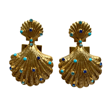 Blue Crystal Gold Double Shell Earrings