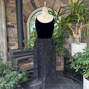 Vintage 1950s Black Velvet Ribbon Sequin Spaghetti Strap Cocktail Dress Jonny Herbert 