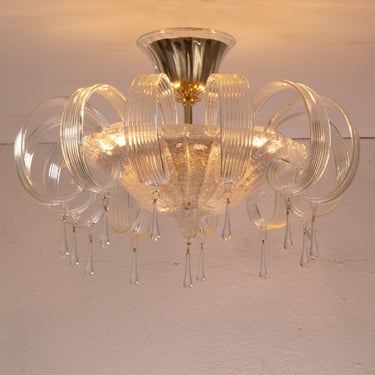 Wonderful Murano glass ceiling lamp pure crystal color with handmade leaves and drops, height 35cm, chandelier Made in Italy 