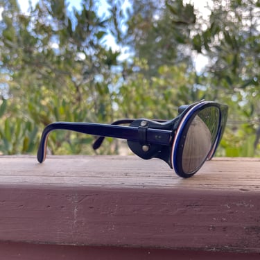 Vintage 1970s Obermeyer Cébé France Made Red, White, Blue Striped Aviator Goggles w Mineral Glass Lense & Leather Flaps | Ski, Eyewear, Rare 