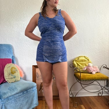 1920s Salt Lake Blue Space Dye Knit Bathing suit size X-Large 