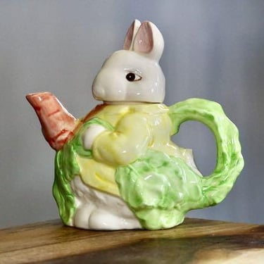Vintage Bunny Teapot, Spring Kitchenalia, Cute White Rabbit holding Orange Carrot Spout w/ Cabbage Handle, Collector Gift, Cottagecore Charm 
