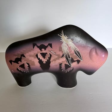 Signed Native American Style Buffalo Sculpture Hand Painted Ceramic Bison Figurine with Feathers and Tribal Imagery Collectors Ceramic 