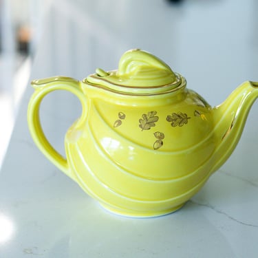 Vintage Hall China Canary Yellow Teapot Gold Leaf Acorn Parade Shape 6 Cup Mid Century 