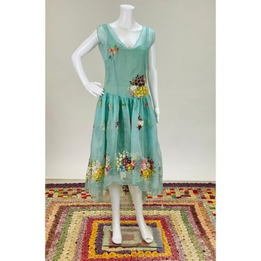 1920s Martha Weathered Teal Blue Green Floral Dress Hand Embroidered Silk Slip 